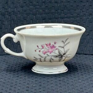 Karolina Poland China Teacup Pink Floral Silver Trim Vintage Porcelain 3879 6